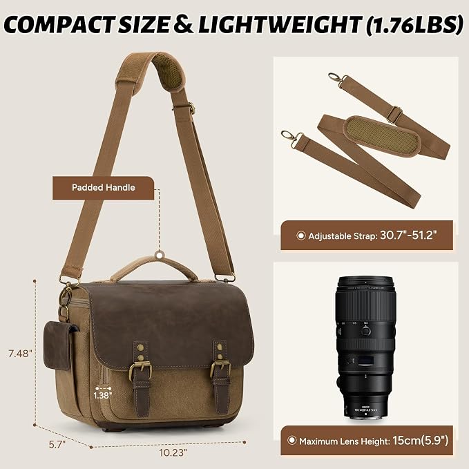 RAINSMORE Camera Bag, Vintage Canvas Camera Sling Bag Crossbody Camera Case | Water-resistant DSLR SLR Mirrorless Camera Bag for Photographer with Rain Cover & Tripod Holder for Sony Canon Nikon Fujifilm - Image 6