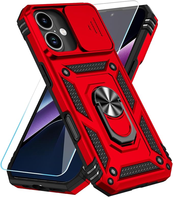 SunStory Compatible with iPhone 17 Case with HD Screen Protector & Slide Camera Cover & Rotated Ring Kickstand, [Military-Grade] iPhone Case for iPhone 17,Red by SunStory