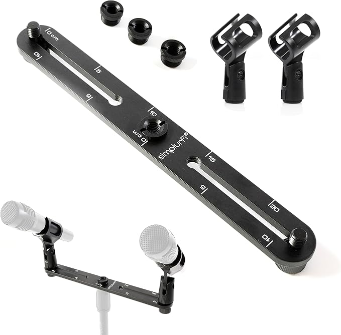 Stereo Array Spacing Microphone Mount with Ruled Markings - Holds 2 Mics - X-Y and ORTF Mic T-Bar Bracket, Fits 3/8" and 5/8" Mic Stands with Included Adapter (MIC-BAR-CLIP-MARK) by SimplurfiSimplifyYourLife