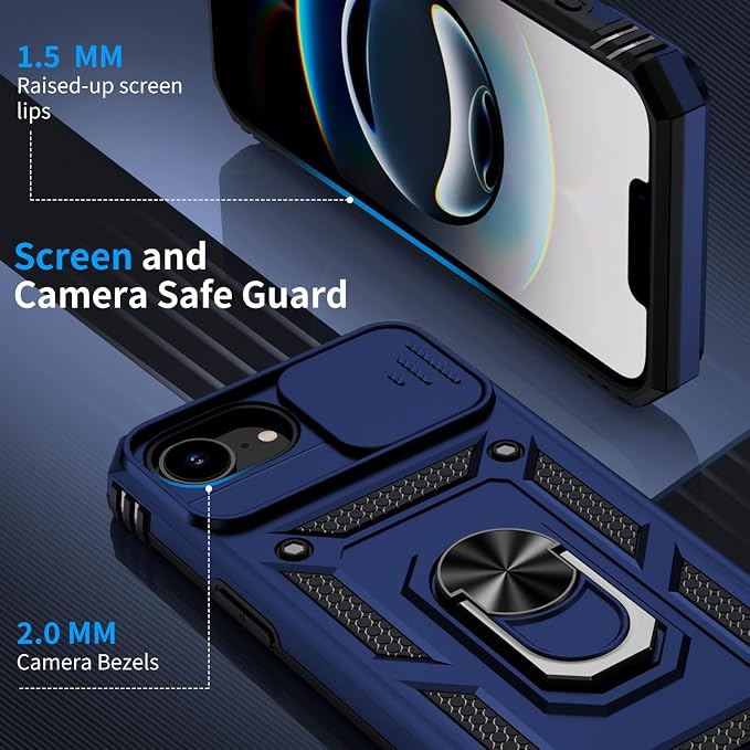 for iPhone 17e Case & iPhone 16e Case with 2X HD Screen Protector & Slide Camera Cover & Rotated Ring Kickstand, Rugged Heavy Duty Protective Phone Case for iPhone 17e/16e 6.1 inch, Blue - Image 6