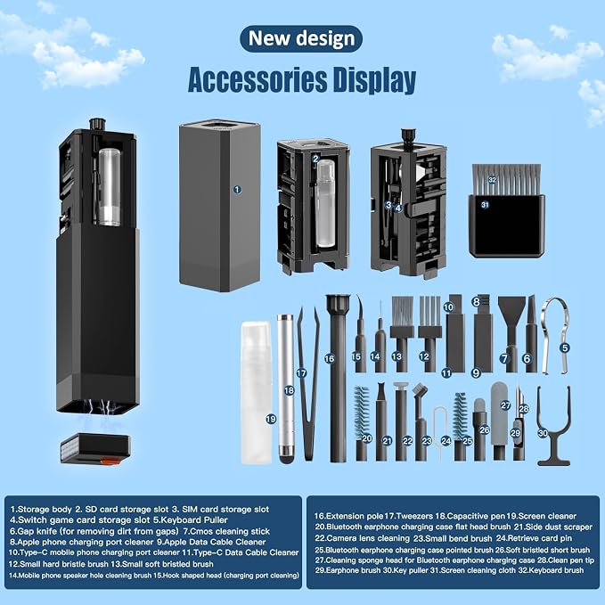 Keyboard Cleaning Kit Laptop Cleaner,Computer Screen Cleaning Brush Tool | 32-in-1 Multi Function PC Electronic Cleaner Kit for iPad iPhone Pro,Earbuds,Camera Monitor-Black - Image 5