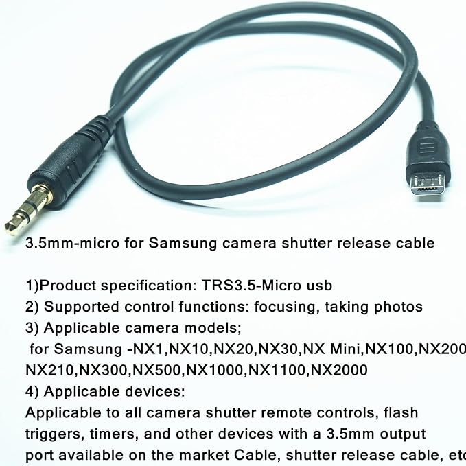 3.5mm-Micro USB Camera Remote Shutter Release Cable Wire for Samsung Accessories NX1, NX10, NX20, NX30, NX Mini, NX100, NX200, NX210, NX300, NX500, NX1000, NX1100, NX2000 for Connecting Flash Triggers - Image 7
