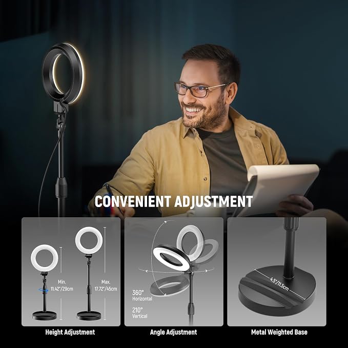 NEEWER Basics 5"/13cm Desk Ring Light with Stand, 10W LED, Black BR60 | Phone Holder Base, Compatible with iPhone, Selfie, Video Recording, Makeup, Laptop Webcam Zoom, Video Conference Lighting - Image 6