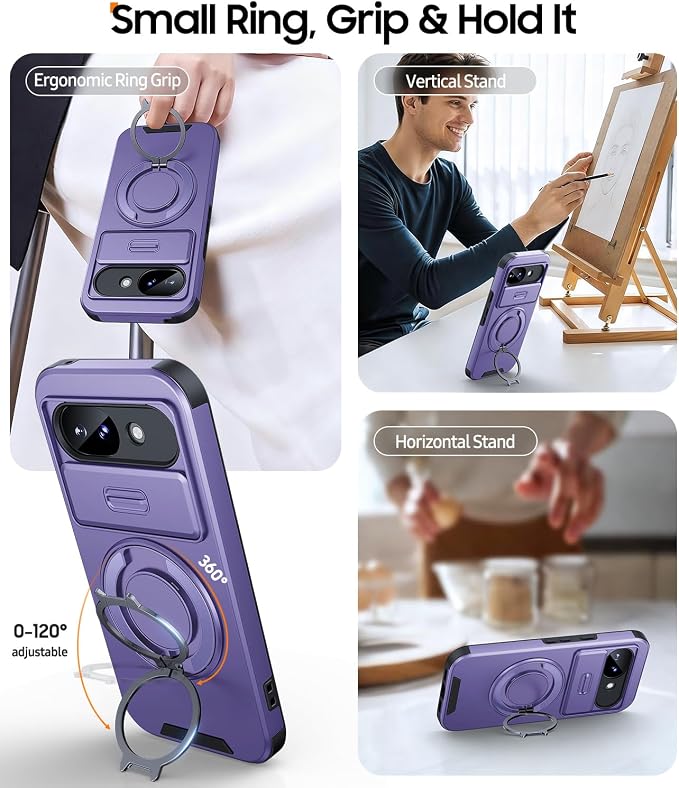 JAME for Google Pixel 10A Case with Ring Stand & Slide Camera Cover Purple | Ring Holder Kickstand, Screen Protectors, Dual-Layer Shockproof Protective, Magnetic Accessory Friendly Phone Case, Purple - Image 3
