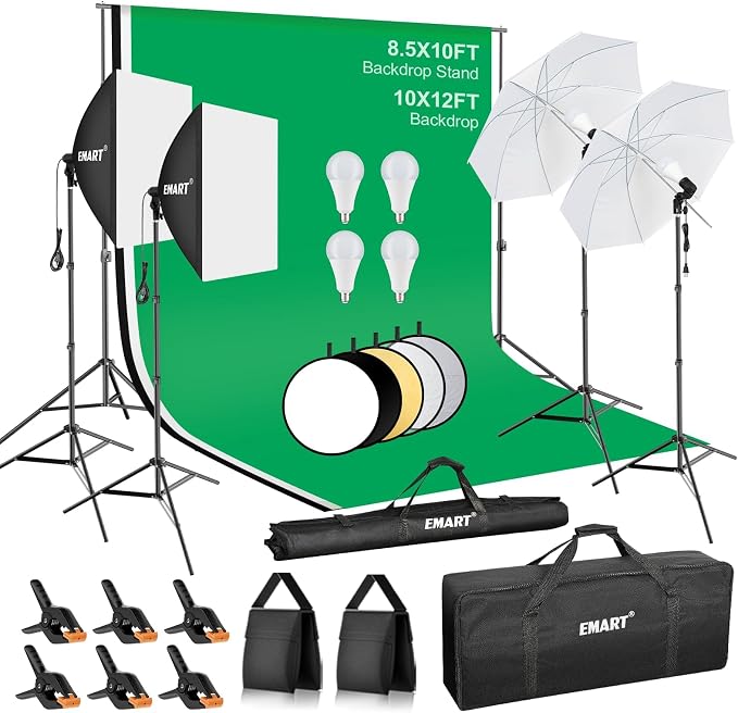 EMART Photography Lighting Kit with 8.5x10Ft Backdrop Stand,10x12 Backdrops | Softbox Lighting Kit with 5500K 50W LED, Reflector, Umbrellas&Soft Box, Photo Studio Equipment for Portrait Video Shoot Vlog by EMART