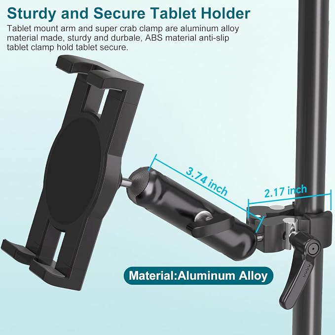 Mippko iPad Holder for Microphone Stand,Mic Music Stand Tablet Holder Mount,360°Adjustment Aluminium Alloy Arm Super Crab Clamp,Compatible with 4.7~12.9 inch iPad/Nexus/LG G Pads/Smartphones - Image 4