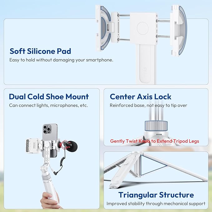 ULANZI TT88 Magnetic Tripod for iPhone 17, 57" Extendable Selfie Stick w Remote, 2-in-1 Phone Clip & Dual Cold Shoe Mounts-Lightweight Phone Tripod Stand for Vlogging, Travel, Video Recording, White - Image 4