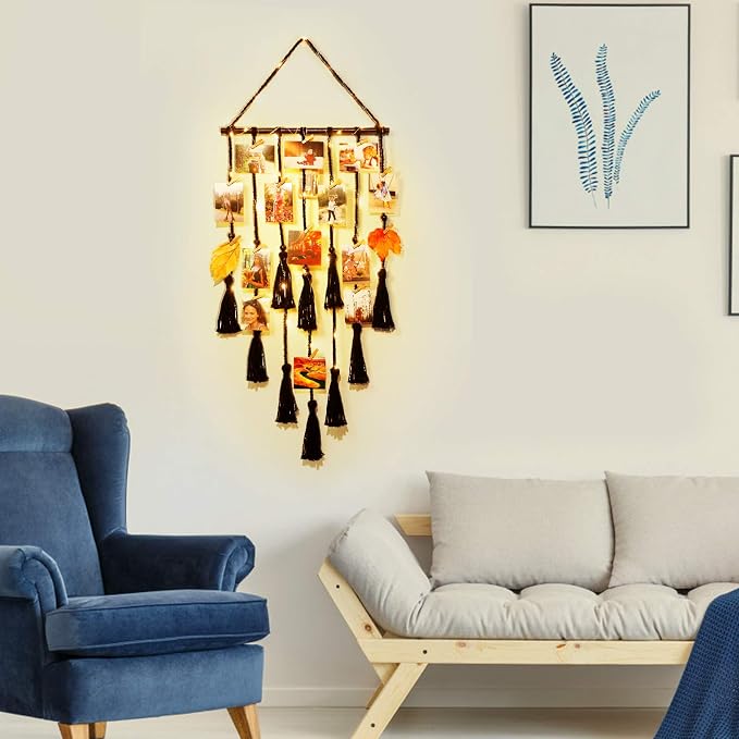 Homecor Hanging Photo Display Wall Decor, Black Macrame Hanging Boho Room Decor, Picture Frame Collage with Remote Light 30 Clips, Bedroom Apartment Home Decor, Christmas Mom Grandma Teen Girl Gifts - Image 6