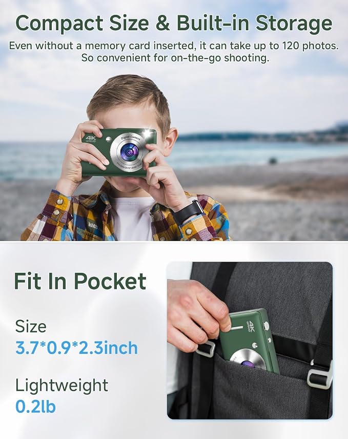 Digital Camera for Kids, FHD 1080P 44MP Point and Shoot Digital Camera with Face Detect, Smile Capture, 16X Zoom, 20 Filters, Anti Shake, 32GB SD Card Green Compact Vintage Camera - Image 7