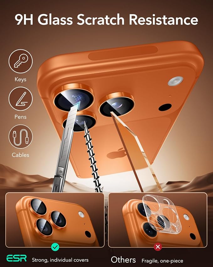ESR for iPhone 17 Pro Max/17 Pro Camera Lens Protector, 1 Pack, Orange | Individual Camera Cover, 9H Tempered Glass, Original Camera Clarity, for iPhone 17/16/15/14 Pro Max/Pro - Image 6