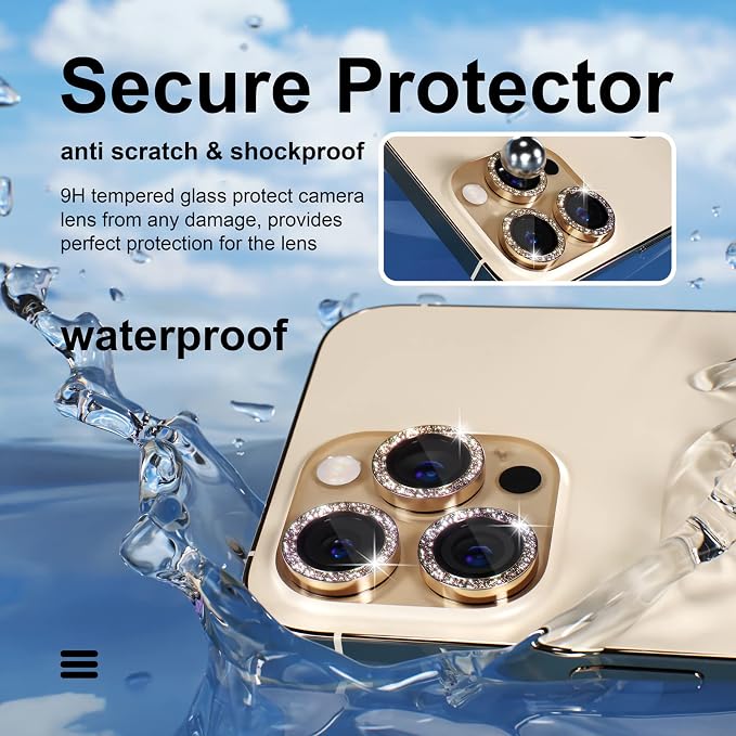 Misea Compatible for iPhone 14 Pro/iPhone 14 Pro Max Camera Lens Protector | 9H Tempered Glass Ultra HD Bling Camera Screen Protector Cover Metal Individual Ring Decoration Accessories, Gold Glitter - Image 3