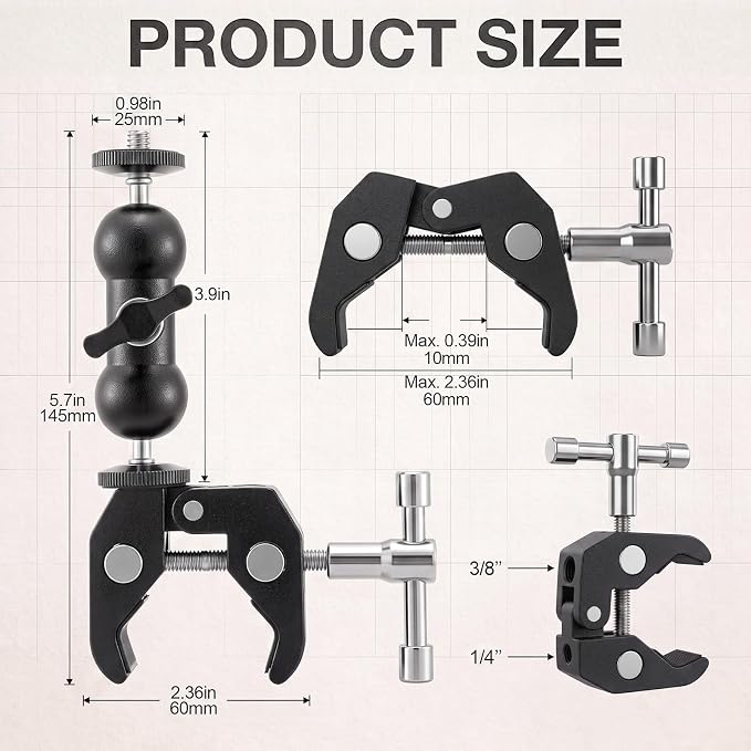 Tellegloww 4 Pack Camera Mount Clamp with 360° Dual Ball Head Magic Arm, Heavy Duty Super Clamps Mount Kit, Adjustable Camera Clamp for DSLR Monitor LED Light Microphone, 1/4" and 3/8" Thread - Image 2