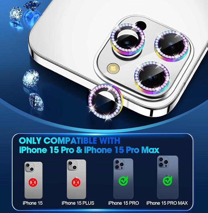 for iPhone 15 Pro/15 Pro Max Camera Lens Protector Diamond, Colorful | Individual Metal, 9H Hardness, Scratch Resistant, Shockproof, Drop Protection, Case Friendly, Stylish Accessories - Image 2