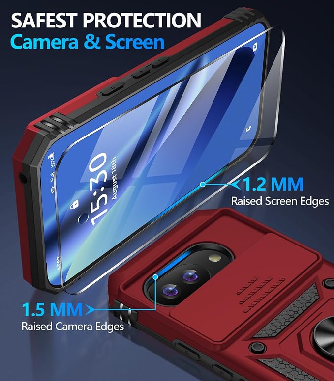 Taisairu for Google Pixel 10A Case with Screen Protector & Slide Camera Lens Cover,Built-in 360°Rotate Magnetic Ring Stand Shockproof Protective Phone Case for Google Pixel 10A Case (Red) - Image 7