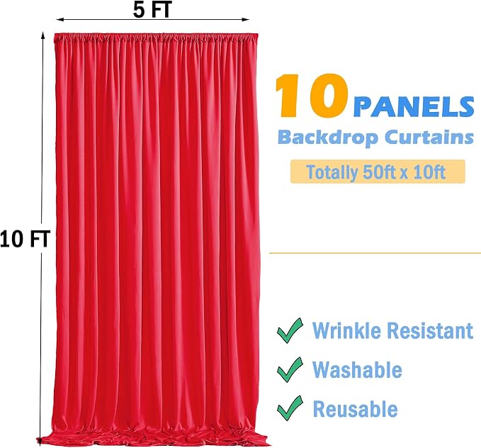 10 Panels 5x10ft Red Backdrop Curtains for Parties, Wrinkle Free Red Photo Backdrop Drapes Back Drop Cloth Drapery for Wedding Birthday Photography Baby Shower Background Decor - Image 4
