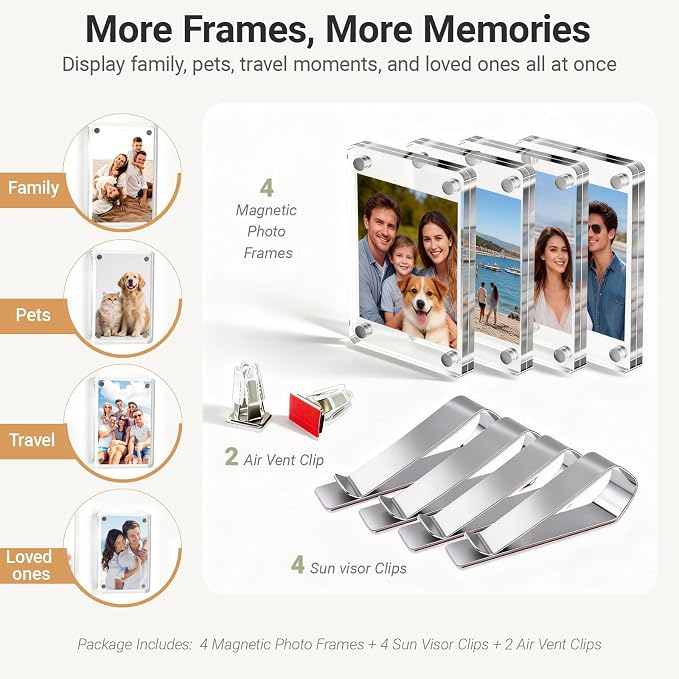 Car Picture Holder for Visor & Air Vent, 4 Pack | Clear magnetic acrylic frames fit Instax Mini, Polaroid Go & wallet-size photos for secure display and easy picture changes - Image 6