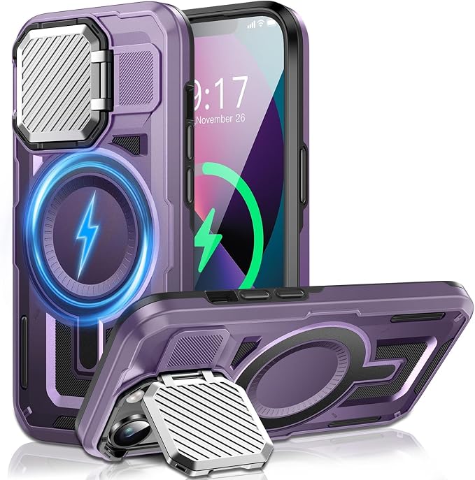 Camera Stand Case for iPhone 13/14, [Compatible with Mag Safe] [Lens Cover] 2024 Version Military Grade Protective Soft Case for iPhone 13/14 6.1 inch Men Women, Purple by WASTROYAL
