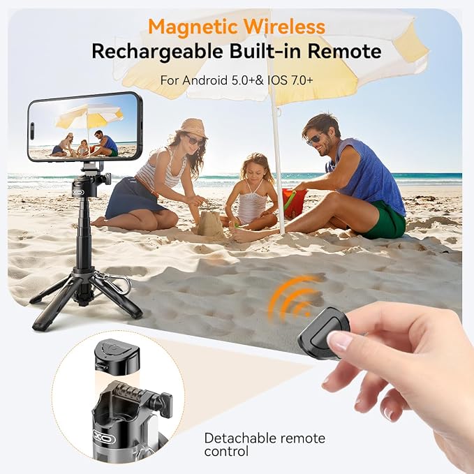 Magnetic Small Selfie Stick for iPhone,4 in 1 Multifunctional Portable Selfie Sticks Retractable Cell Phone Travel Tripod with Remote Control, Mini Phone Tripod for iPhone 17/16/15/14/13/12 Series - Image 6