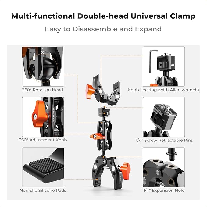 K&F CONCEPT Double Super Clamp Camera Mount with 1/4" Threads Metal Clamp | for Chair, Pole, Tripod, Desk, Flag, Umbrella, Motorcycle Mount, MS25 - Image 3