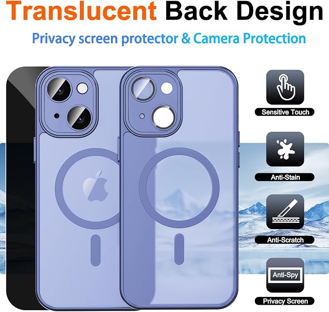 for iPhone 14 Case with Privacy Screen Protector, Light Blue | Full Camera Protection, Translucent Matte Magnetic, Compatible with MagSafe, Shockproof Phone Cover, Slim Fit - Image 2