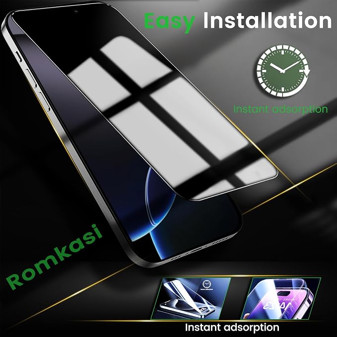 Romkasi 4 Pack Privacy Screen Protector for iPhone 16 Pro 6.3 Inch with 4 Pack Camera Lens Protector, Anti Spy Tempered Glass Film, Anti-Scratch, Touch Sensitive, Case Friendly - Image 6