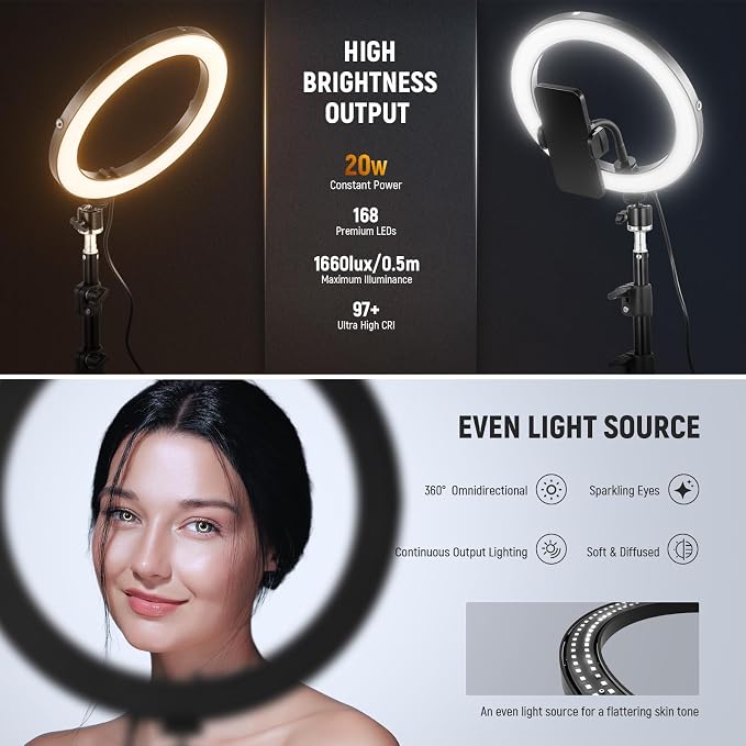NEEWER 10" 20W High Power LED Ring Light for Phone with 71" Tripod Stand, Bi Color Ringlight, Phone Holder Compatible with iPhone for Video Recording Selfie Makeup Studio Live Streaming TikTok, RH10B - Image 2