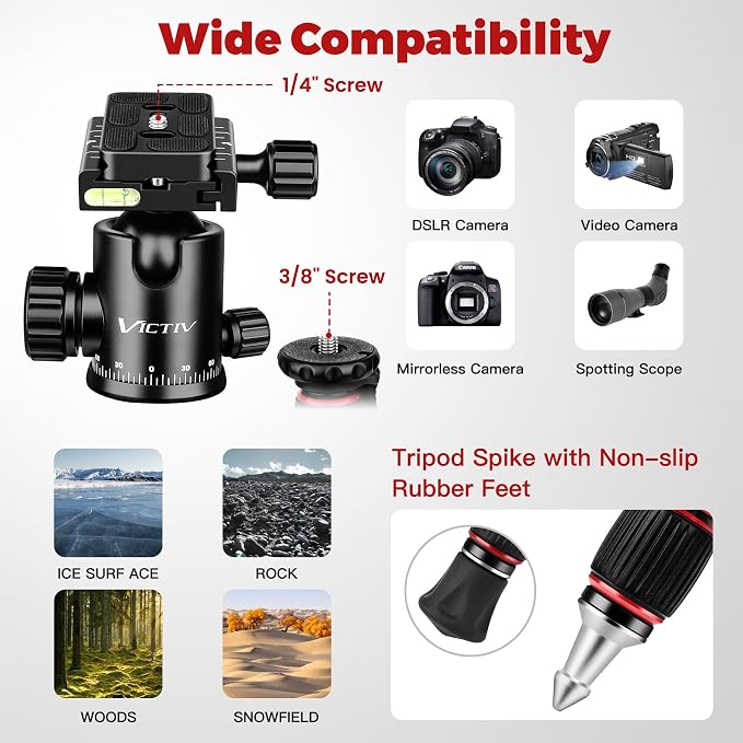 Victiv Camera Tripod, 80" Ball Head Tripod with Carry Bag & Phone Holder | Professional Aluminum Heavy Duty Tripod Stand, 2-in-1 Camera Tripods & Monopods for DSLR Binoculars Spotting Scope Telescope - Image 3