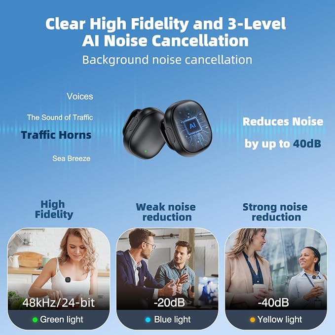 Magnetic Wireless Lavalier Microphone for iPhone 16 15 14 Pro Max Android Camera, 3-Level AI Noise Canceling & 48kHz Hi-Fi, 2-Person Wireless Mic for TikTok YouTube Vlog Recording, 40H - Image 3