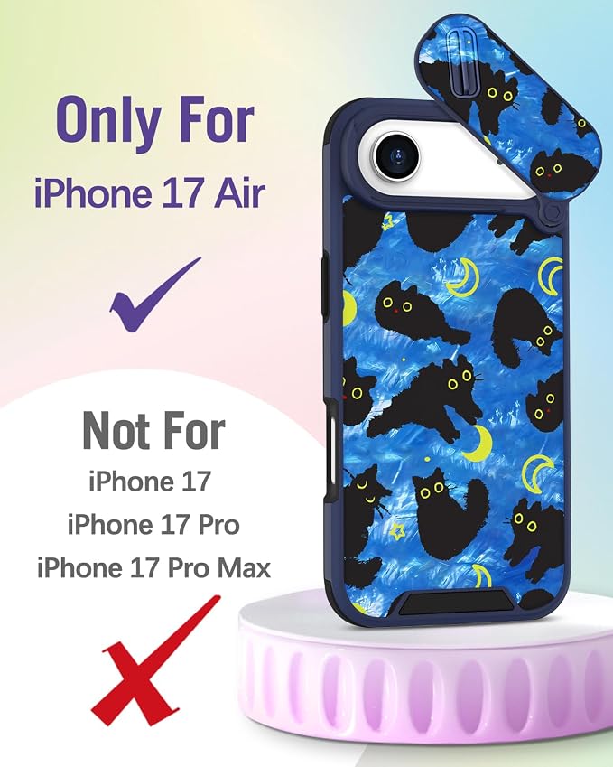 Buleens for iPhone 17 Air Case 6.5 Inch - with Ring Stand & Camera Cover Aesthetic Cute Designed for Women Girls Girly Kawaii Blue Cat Stars Phone Case for iPhone 17 Air Compatible with Magsafe - Image 2