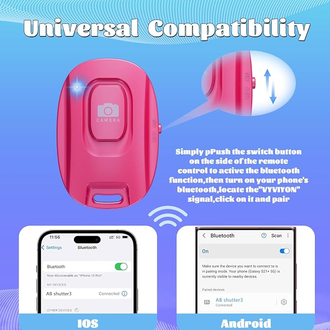Wireless Camera Remote Shutter for iPhone and Android Smartphones 2 Pack, Bluetooth 5.2 Phone Remote Control Selfie Button for Photos and Videos, Battery Powered, Wrist Strap Included, Red & White - Image 4