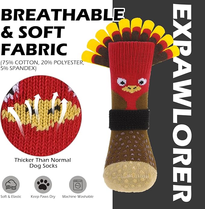 EXPAWLORER Thanksgiving Anti Slip Dog Socks to Prevent Licking Paws,Boots & Paw Protectors with Grippers,Doggie Booties for Hardwood Floors for Small Medium Large Senior Dogs Lifelike Costume Turkey S - Image 6