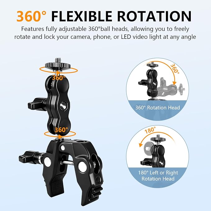 Chelhead Super Clamp Camera Mount with Phone Holder for Up to 3" Tubes | Dual 1/4"-20 & 3/8"-16 Threads, Compatible with DSLR Cameras, Action Cameras, LED Lights, Gimbals & Tripods - Image 6