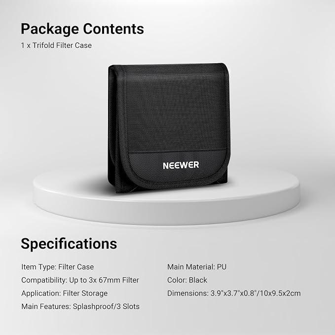 NEEWER 67mm Filter Case, Trifold Foldable Splash Resistant Protective Carry Pouch Storage Bag Accessories, Holds Up to Three 67mm Round Camera Lens Filters, PB14 - Image 7