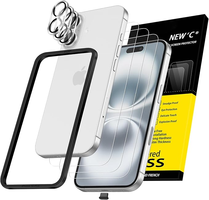 NEW'C 3x for iPhone 16 Plus Screen Protector (6.7 inches)+ 3x Camera Lens Protector, Sensor Protection, Case Friendly Tempered Glass Film + Dust Plug- Easy installation tool include by NEWC