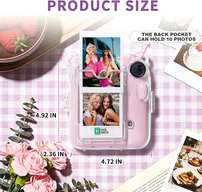 Clear Camera Case for Fujifilm Instax Mini 12, Pink Camera Strap | Protective Cover with Anti-Accidental Shutter, 4 Composition Cards, Photo Storage Holds 10 Films, Clear Hard Shell, No Camera - Image 3