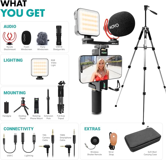 Movo iVlogger-PRO Vlogging Kit for iPhone with Mic, Light, and Tripod | Professional YouTube Starter Kit for iPhone and Android with VXR10 Mic, Rechargeable RGB Light, Two Tripods, Case, and More - Image 3