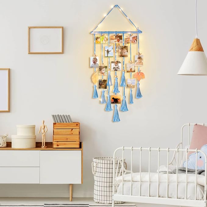 Homecor Hanging Photo Display Wall Decor, Blue Macrame Hanging Boho Room Bedroom Decor, Picture Frame Collage with Light & 30 Clips, Christmas Teenage Teen Girl Gifts Ages 10 11 12 13 14 Years Old - Image 2