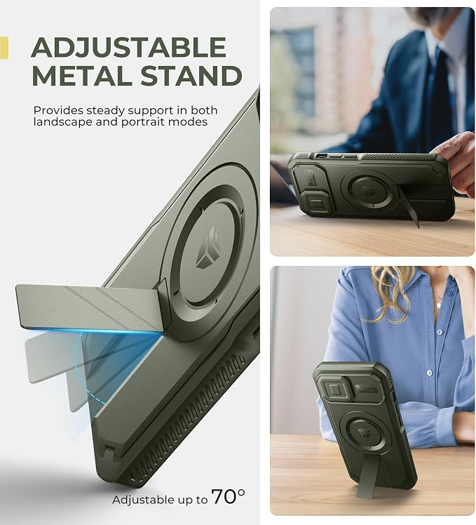 Dexnor for iPhone 15 Case with Slide Camera Cover & Adjustable Kickstand, Compatible with MagSafe, Rugged Shockproof Bumper Cases Heavy-Duty Magnetic Protective Cover,6.1 inch,Army Green - Image 5