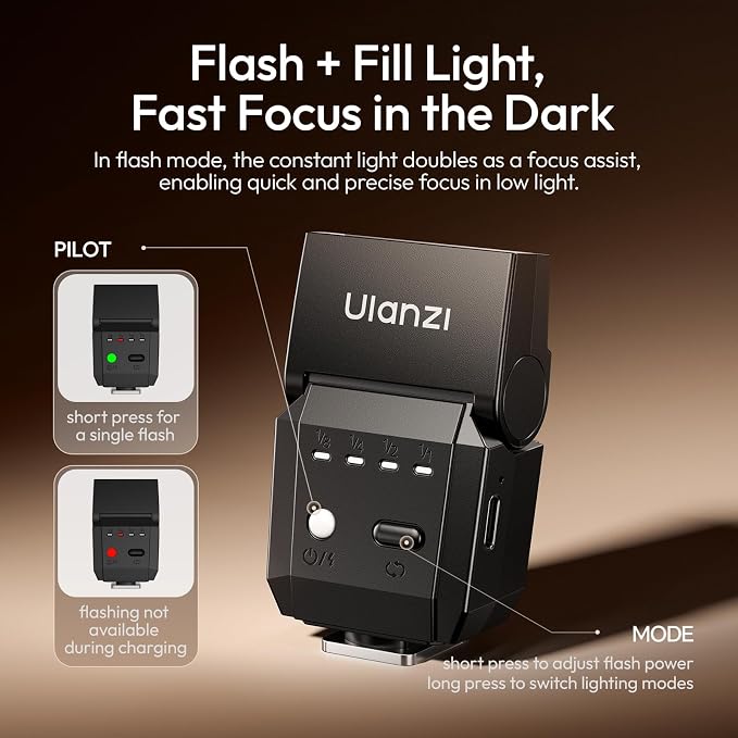 ULANZI SL03 Camera Mini Flash, Speedlite Video Light GN8 6500K for DSLR | For Sony/Canon/Fuji/Nikon, CRI 97, with Single-contact Universal Hot Shoe Mount, 90° Angle Adjustable, Typ-c Rechargeable - Image 3