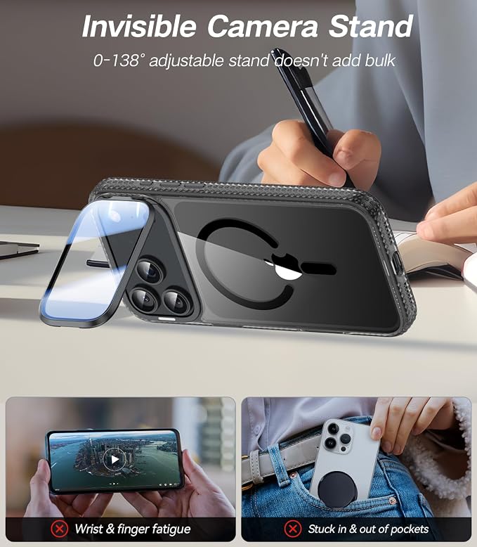 VOFATA [Upgraded Full Camera Protection] for iPhone 17 Pro Case with Camera Cover Stand [Fit for MagSafe][10FT Mil-Grade Protection] Transparent Magnetic iPhone 17 Pro Phone Case, Clear Black - Image 5
