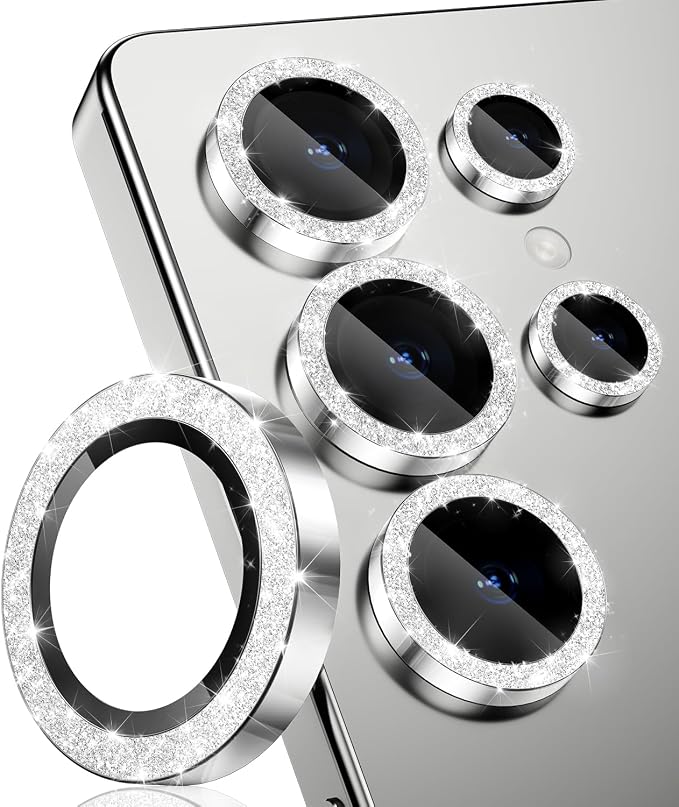 CloudValley for Samsung Galaxy S25 Ultra Camera Lens Protector Bling | 9H Tempered Glass + Aluminum Alloy Lens Protective [Glitter Decoration] Ultra-HD Camera Cover,Glitter Titanium Whitesilver by CloudValley