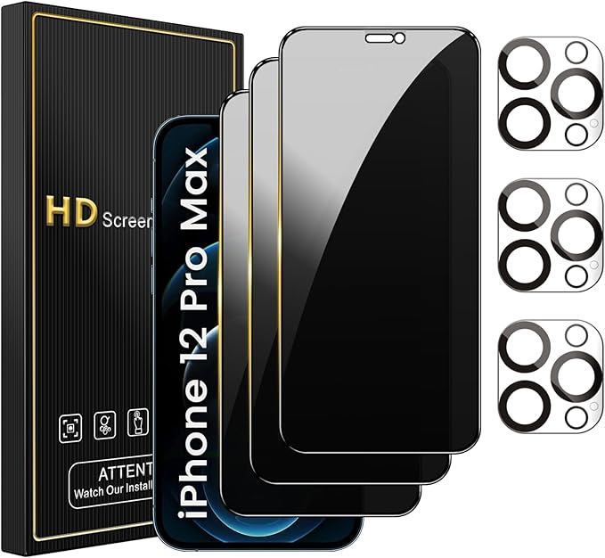 Romkasi 3 Pack Privacy Screen Protector for iPhone 12 Pro Max 6.7 Inch with 3 Pack Camera Lens Protector, Anti Spy Tempered Glass Film, Anti-Scratch, Touch Sensitive, Case Friendly by Unknown