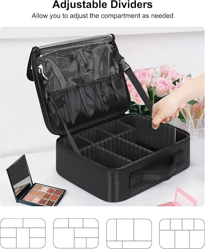 Relavel Makeup Bag Large Cosmetic Bag Travel Train Case Toiletry Bag for Women with Adjustable Dividers, Travel Essentials Organizer Case Storage Box for Skincare, Brushes, Black - Image 2