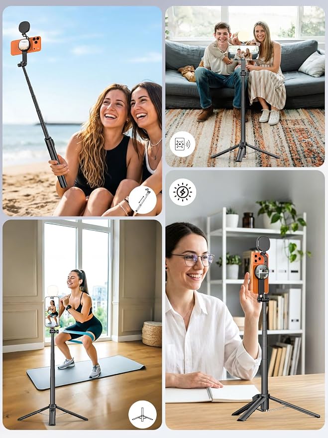 69" Magnetic Tripod for iPhone w/Magnetic Light &Remote MPT-04 | Compatible with MagSafe, For iPhone & Android, Magnetic Ring Attached, Auto-Open Phone Holder, Remote Control, 360° Rotation - Image 8