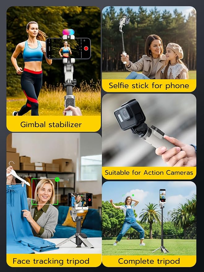 AOCHUAN 360° Rotation Gimbal Stabilizer for iPhone w/14.2" Extension Rod | Wireless Remote Face/Object Tracking Gimbal, 4 in 1 Phone Gimbal w/One-Touch Open Tripod for TikTok-M3 Promini White - Image 8