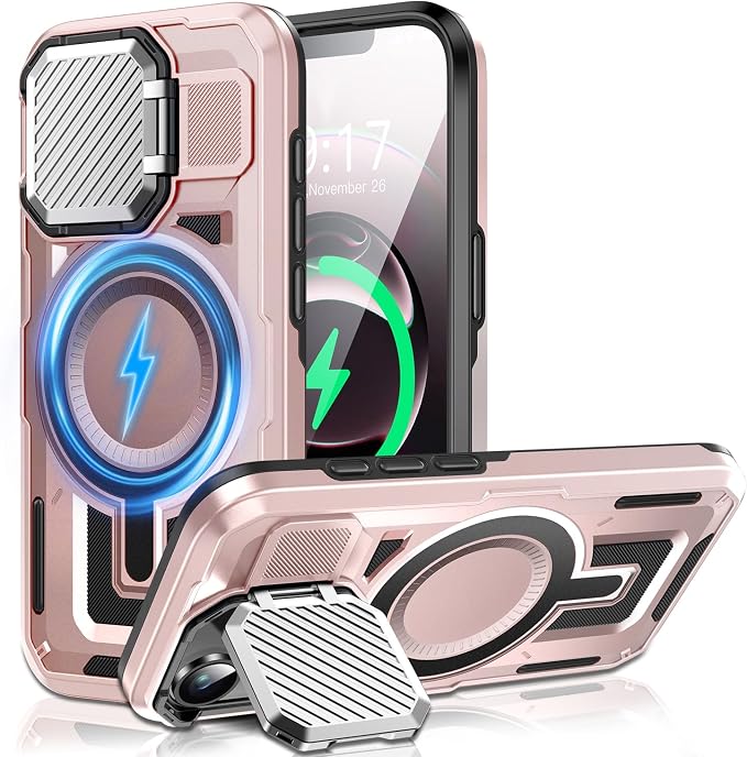 Camera Stand Case for iPhone 16E / 17E, [Compatible with Mag Safe] [Lens Cover] 2024 Version Military Grade Protective Soft Case for iPhone 16E / 17E 6.3 inch Men Women, Pink by WASTROYAL