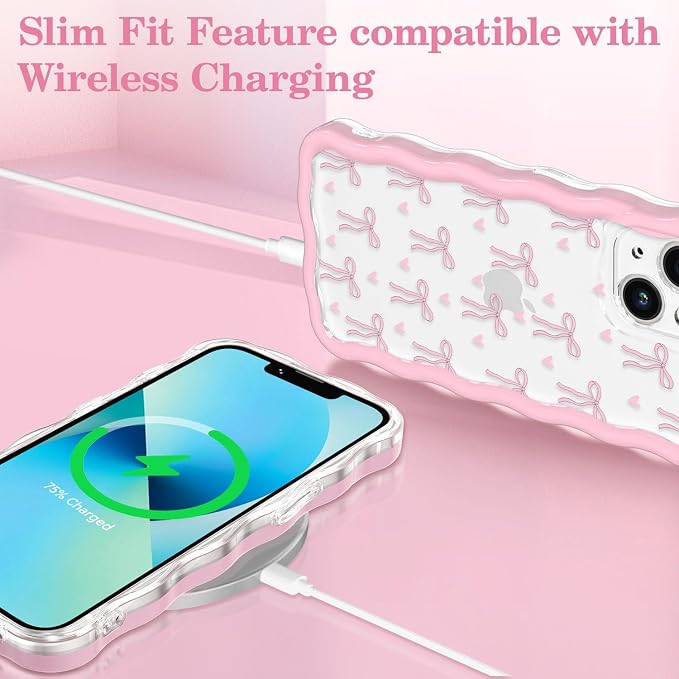 QLTYPRI for iPhone 15 Pink Bow Case, Clear Cute Pink Ribbon Bow Phone Case Curly Wavy Aesthetic Phone Cover, Soft Slim Transparent TPU Shockproof Protective Cover for Women Girls - Love Bow - Image 5