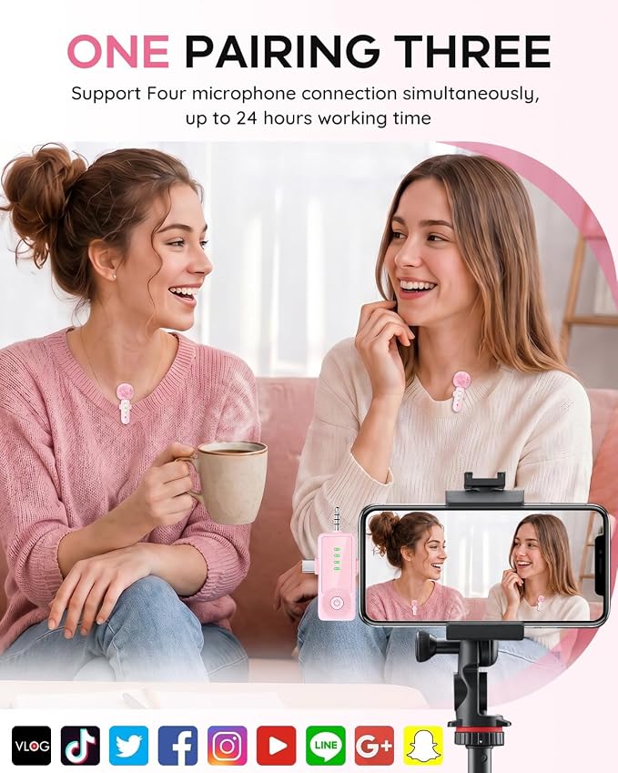 4 Packs Wireless Lavalier Microphone for iPhone Android Camera | Mini Clip-On Mic with Noise Reduction for 4-Person Video Recording, Interviews, Podcasts, YouTube, TikTok & Vlogging (Pink) - Image 4