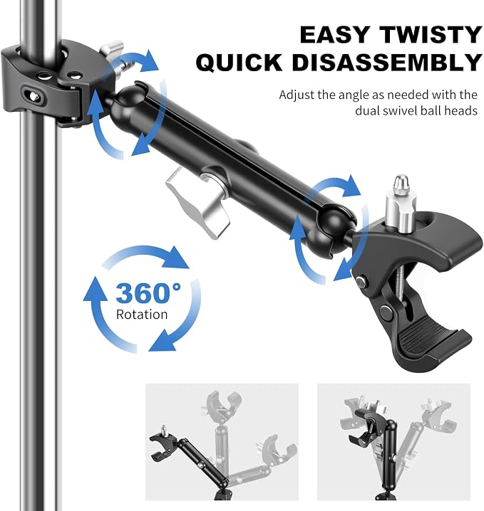 Double Super Clamp Camera/Umbrella Mount,360° Magic Long Arm Pole Clamp,Double Ball Head Adapter for Photo Studio Light Stand,Gopro,Golf Carts,Motorcycle,Cross Bars,Strollers (Black) - Image 4