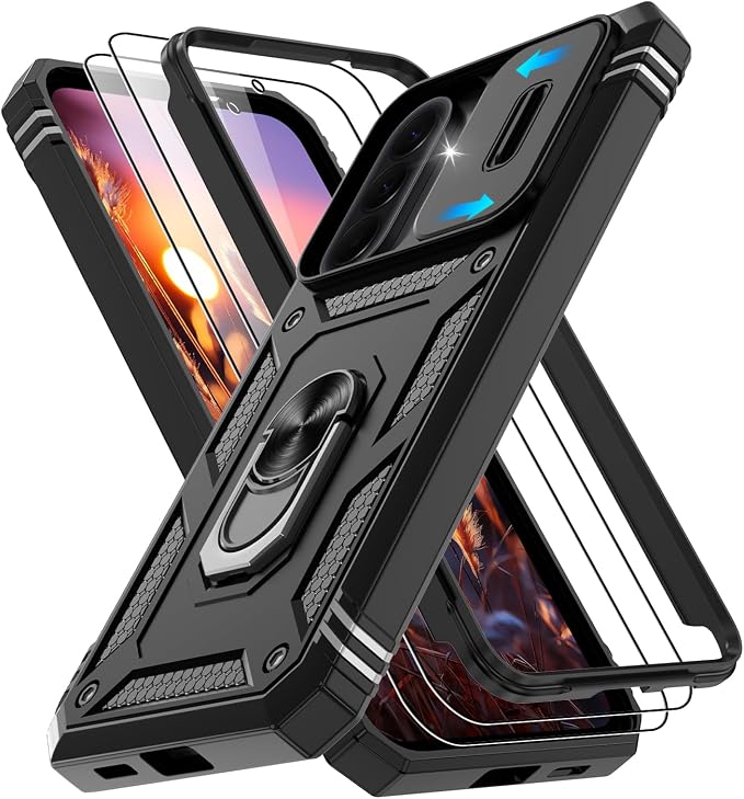Gritup for Samsung Galaxy A57 5G Phone Case with Camera Cover | 2*Screen Protector & 360° Rotating Ring Kickstand, Military Grade Protective Cover para Samsung A 57, Black by Gritup
